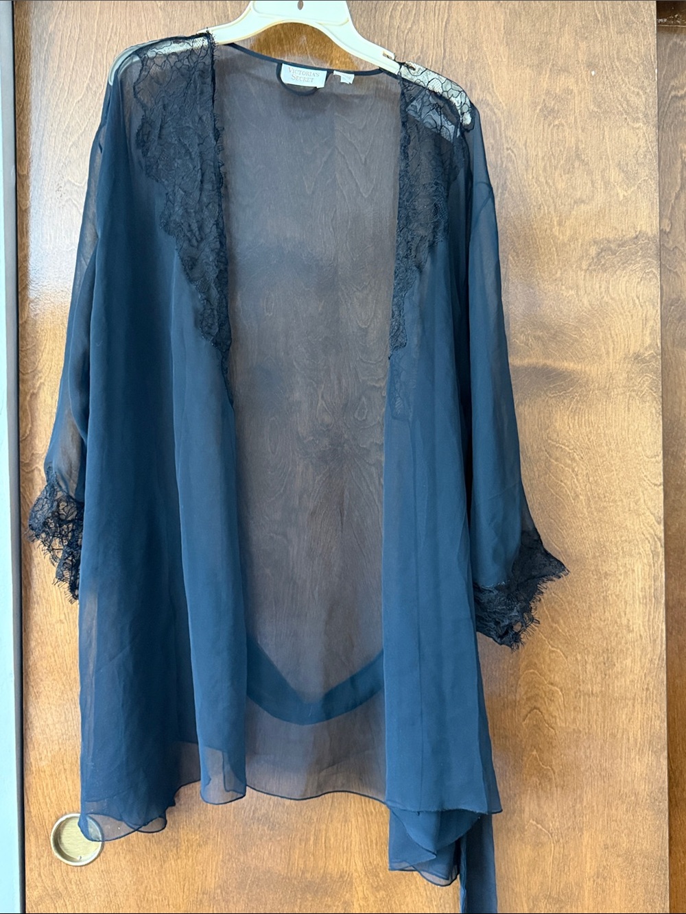 Vintage gold label Victoria's Secret Sheer Black Lace-Trim Kimono Robe